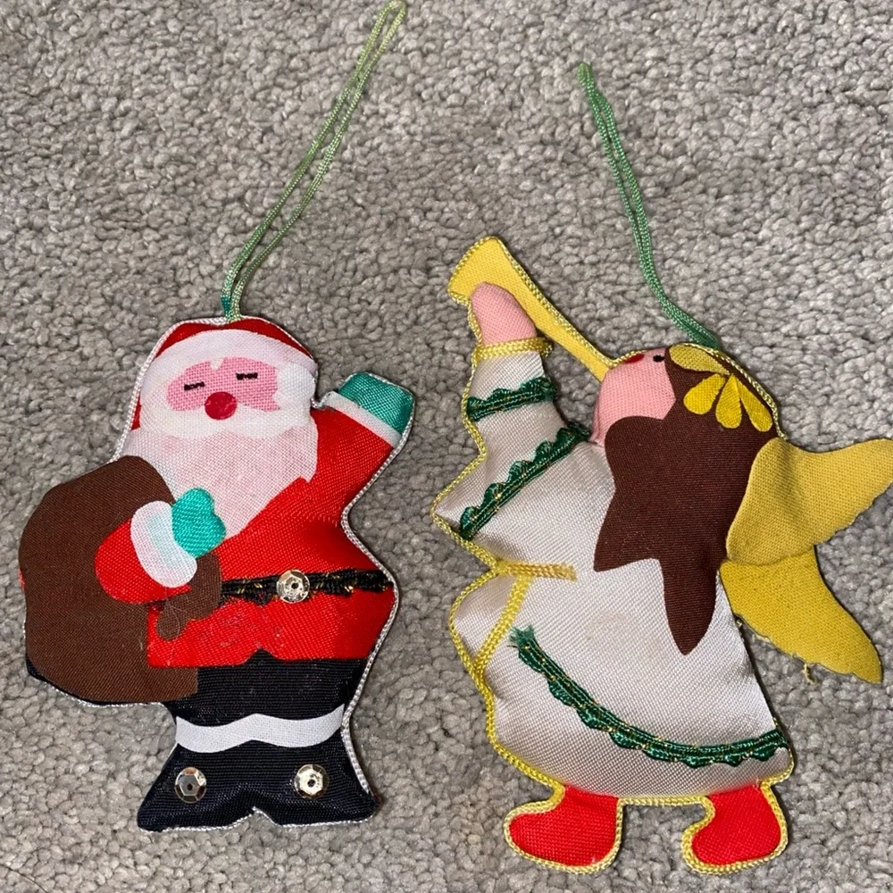 Vintage Fabric Satin Santa & Angel Christmas Tree Ornament Set (2)‎
